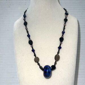 Sparkling Blue Glass Pendant Beaded Necklace‎ Black Blue Accent Beads